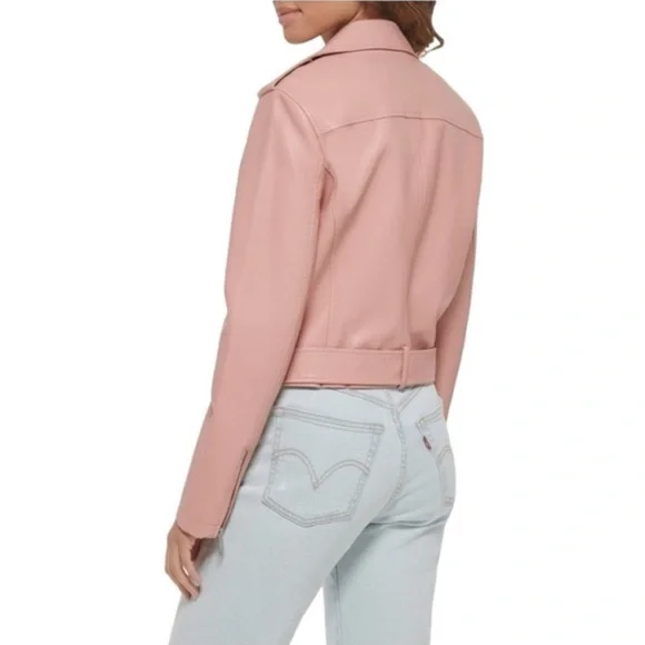 Levi's Faux Leather Fashion Belted Moto Jacket Cameo Pink- M - Picture 2 of 10
